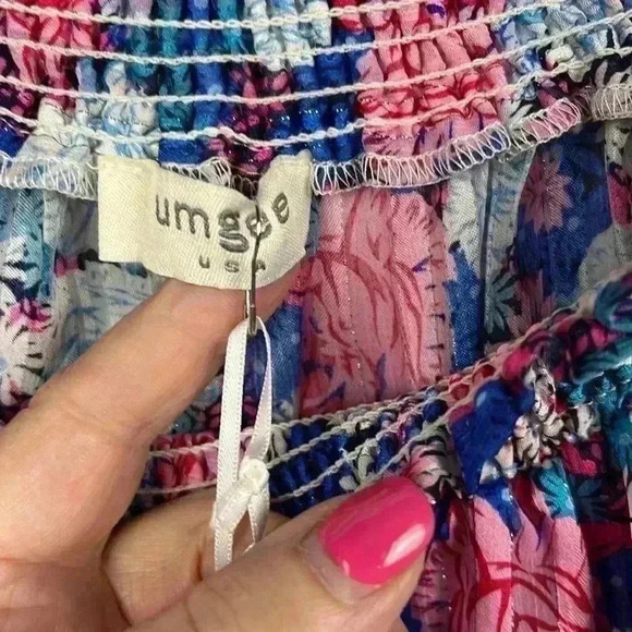 Umgee Womens Peasant Boho Top Blue Pink Silver M Off Shoulder Smocking Sparkly - Picture 2 of 8